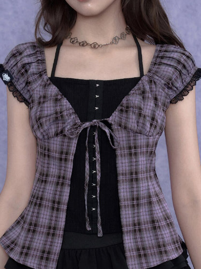 Plaid Waist Halter Two Piece Top【s0000017280】