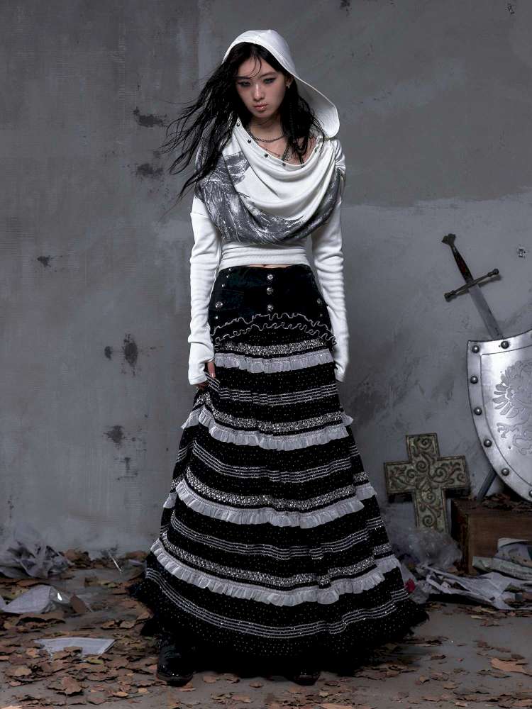 Patchwork Gathered A-Line Skirt【s0000014461】