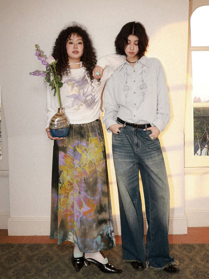Mist Orchid Print Lace Up Top【s0000015457】