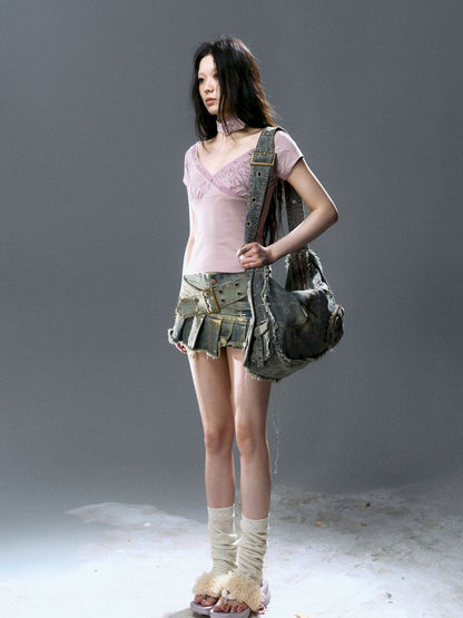 Denim pleated skirt pants【s0000012806】