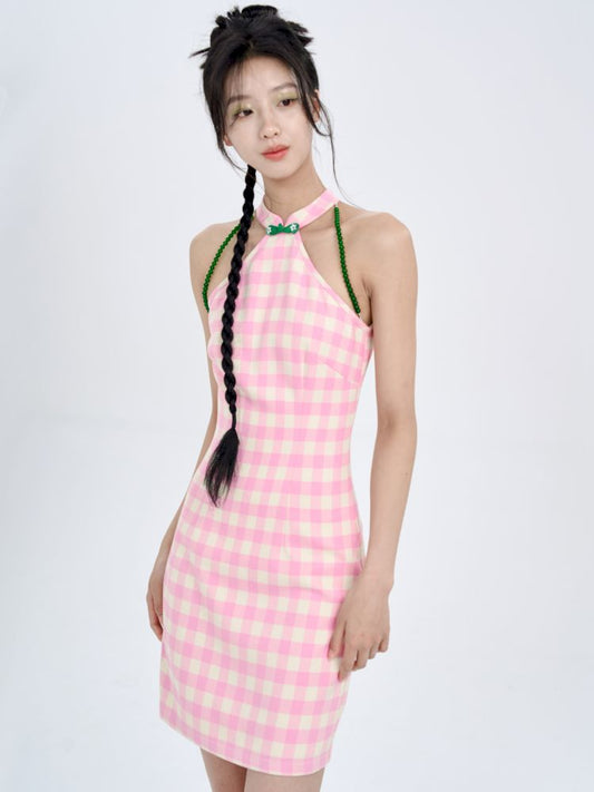 Pink Check Slim Short Dress【s0000008772】