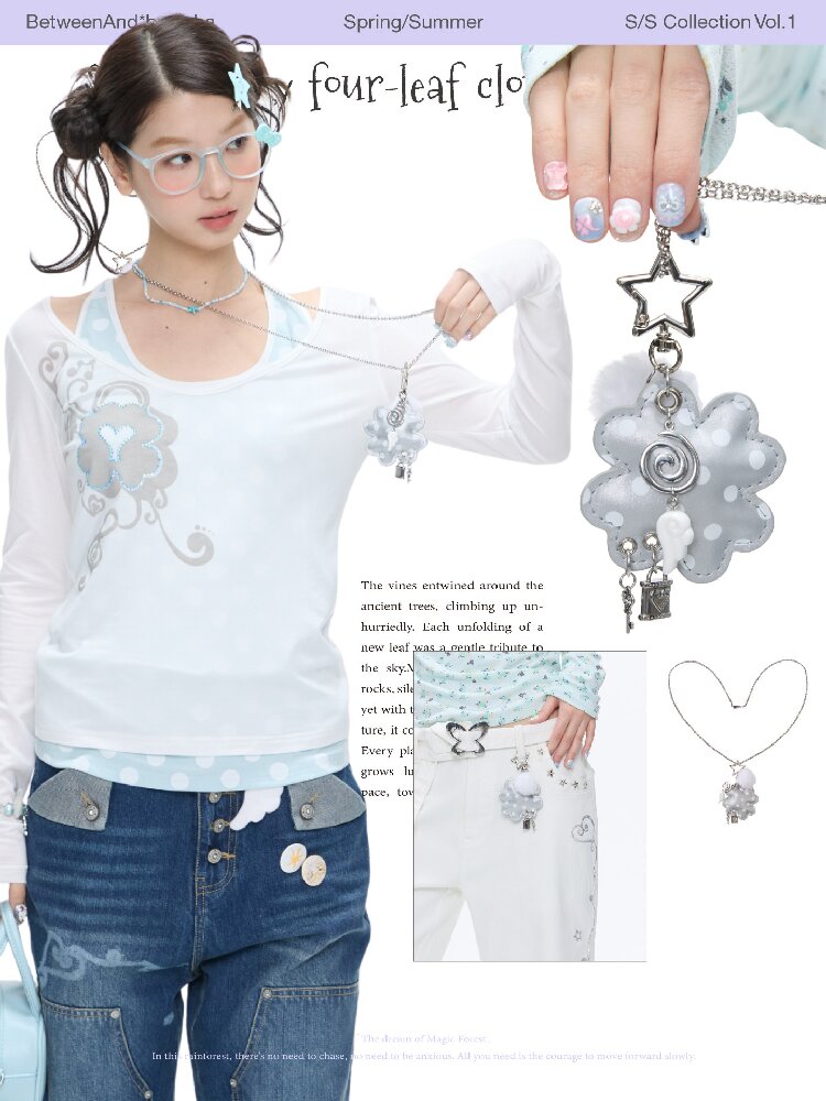 Leather Silver Clover Bag Necklace【s0000016374】