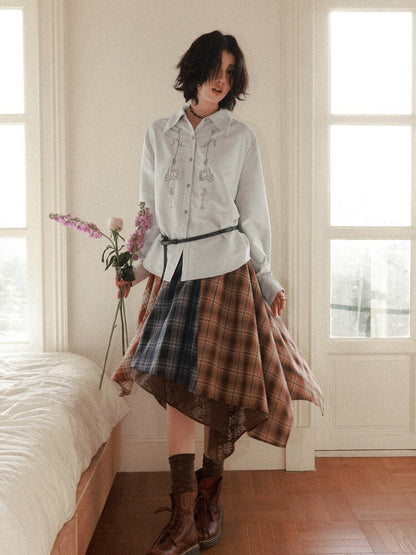 Suede Embroidered Lantern Sleeve Top【s0000015461】