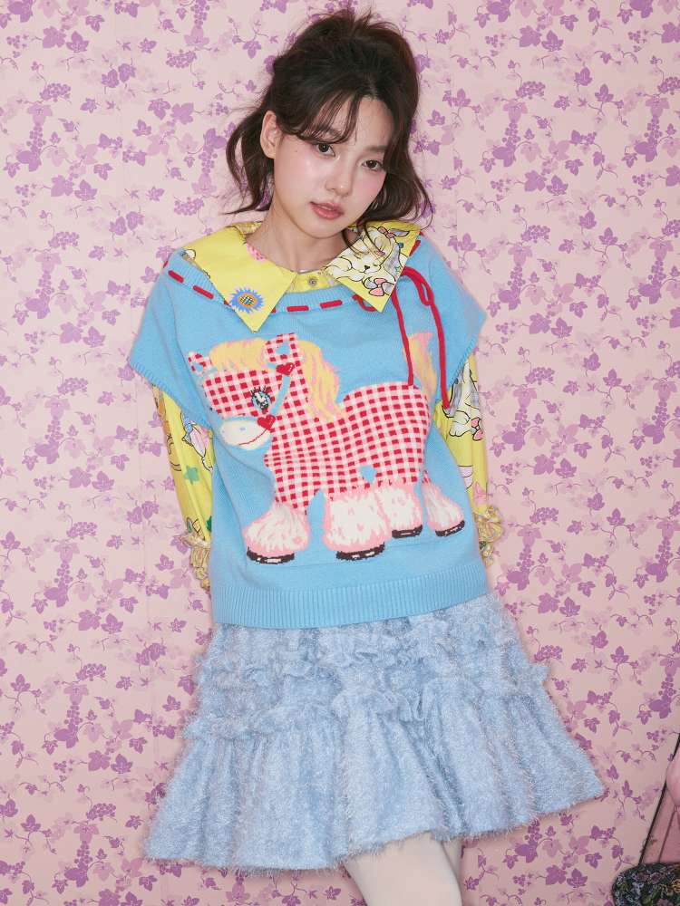 Blue Red Plaid Pony Knit Vest【s0000015023】