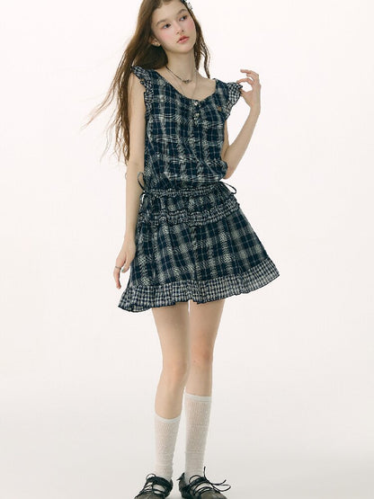 Spliced Plaid Flying Sleeve Dress【s0000016844】