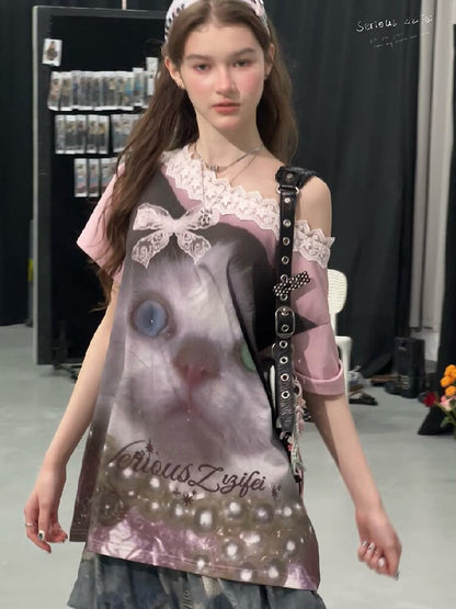 Lace Patchwork Cat Print Loose T【s0000017316】