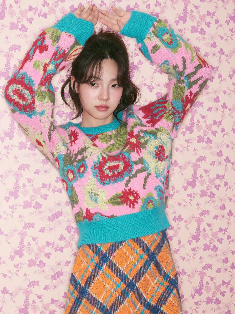 Pink Green Flower Knitted Sweater【s0000015370】