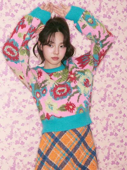 Pink Green Flower Knitted Sweater【s0000015370】