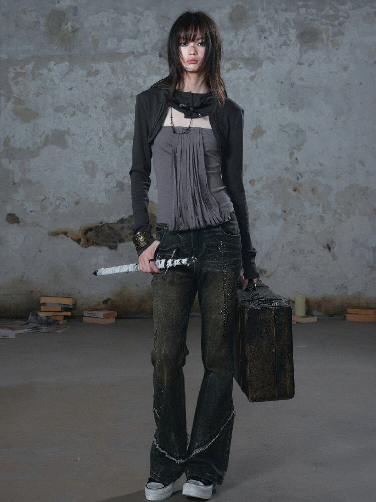 Distressed Hooded Tassel Top【s0000018104】