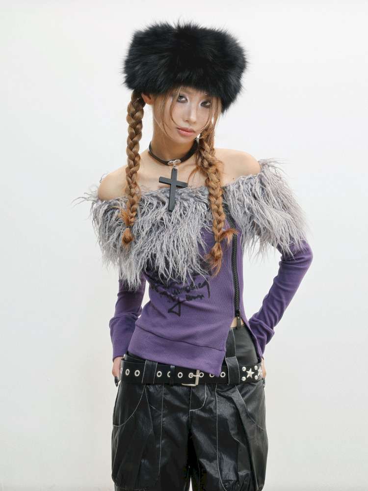 Hairy One-Shoulder Slim Print Knit T-Shirt【s0000014828】