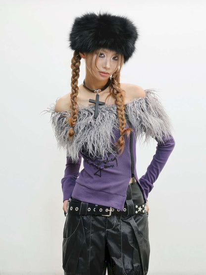 Hairy One-Shoulder Slim Print Knit T-Shirt【s0000014828】