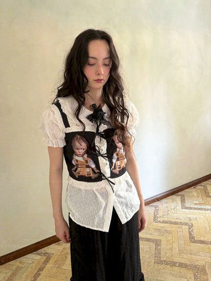 Cute doll print lace bow vest【s0000012760】