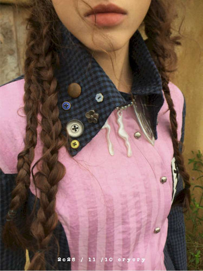 Pink Blue Plaid Multi-Button Shirt【s0000014897】