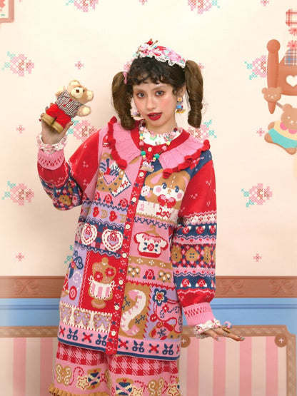 Red Navy Blue Jacquard Cardigan【s0000015570】