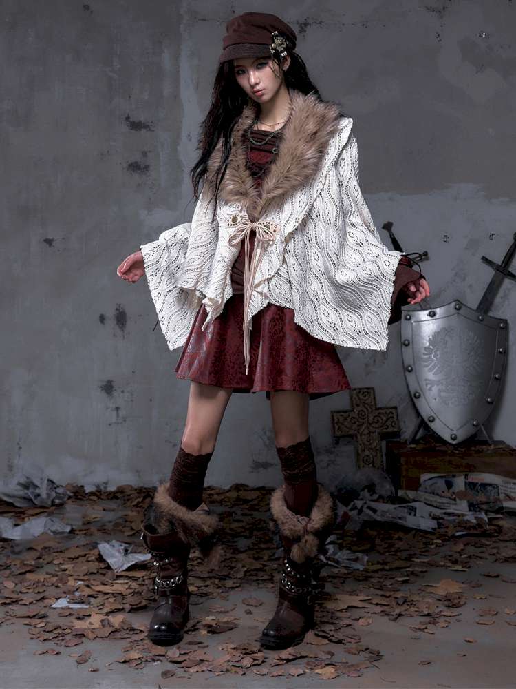 Knit Fur Collar Shawl Cape【s0000014659】