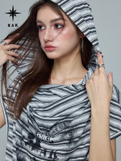 Striped Hooded Printed T-Shirt【s0000016688】