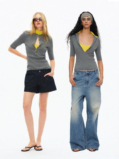 Lyocell Contrast Knitted Top【s0000015923】