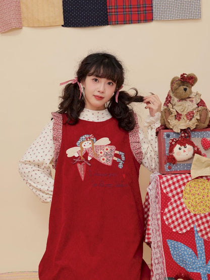 Lace Corduroy Red Vest Dress【s0000010346】