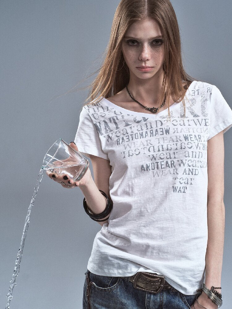 V-neck Letter Print Cotton T-shirt【s0000016638】