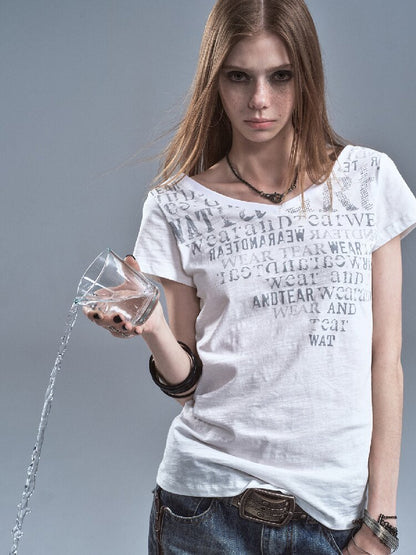 V-neck Letter Print Cotton T-shirt【s0000016638】
