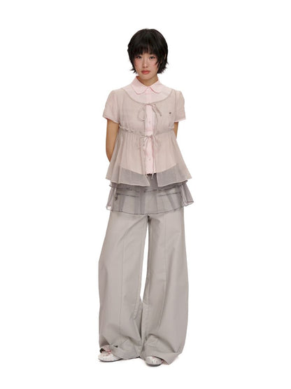 Lace Bottom Hem Slim Short Sleeve Shirt【s0000012487】
