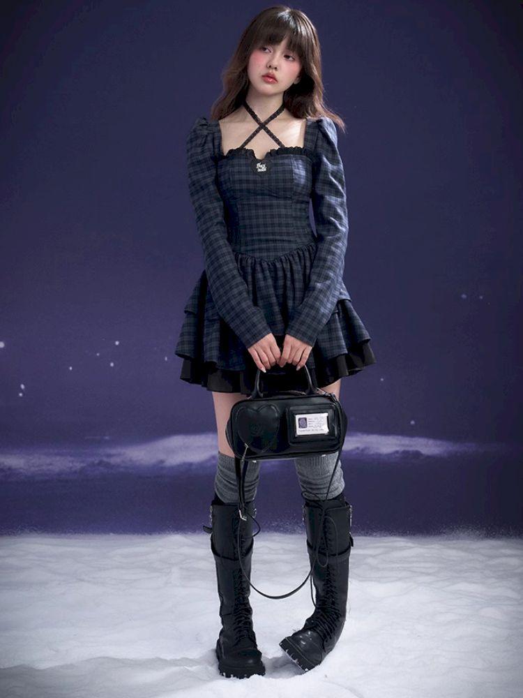 Check Neck Cake Dress【s0000011659】