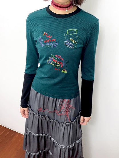 Stripe Splicing Printed T-Shirt【s0000011648】