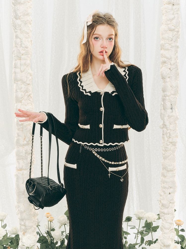 Knit Cardigan Wrap Hip Skirt Two Piece Chambray Set【s0000005286】