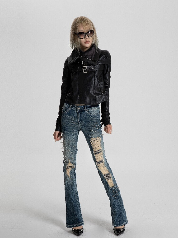 Spiked Snake Print Ripped Jeans【s0000018560】