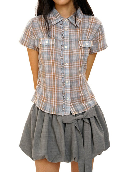 Vintage Plaid Lace Short Sleeve Shirt【s0000017437】