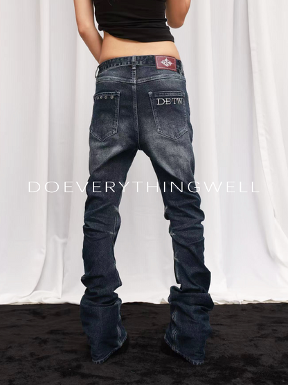 Blue Washed Riveted Flared Denim Pants【s0000019117】