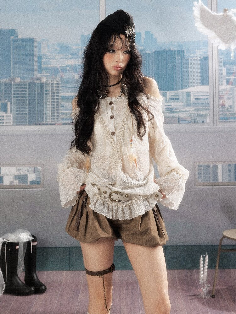 Lace See-Through One-Shoulder Top【s0000016274】