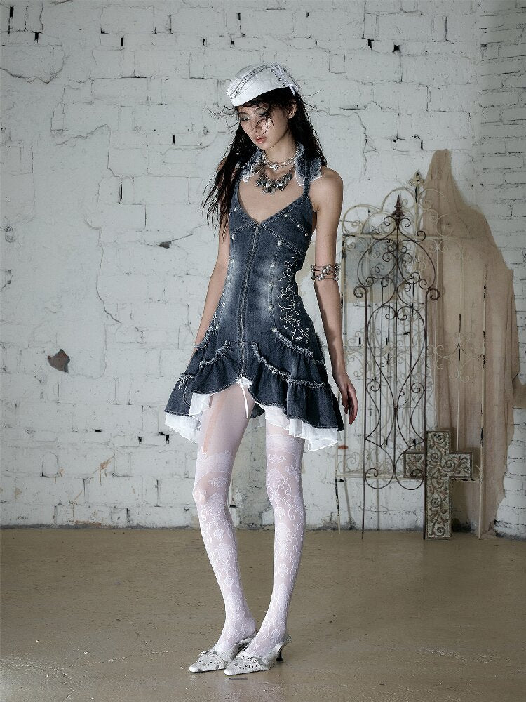 Court Embroidered Denim Mermaid Dress【s0000016983】