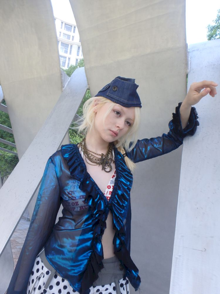 Metallic-colored broken polarized blue mesh cardigan【s0000013178】