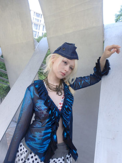 Metallic-colored broken polarized blue mesh cardigan【s0000013178】