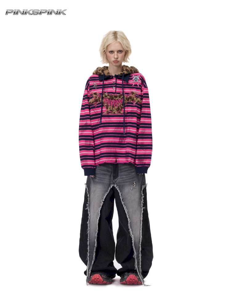 Pink Striped Leopard Cat Ear Hood【s0000015115】
