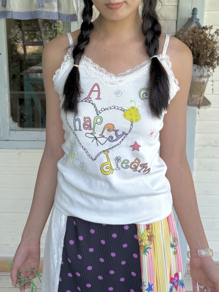 Colorful printed lace trim tank top【s0000012772】
