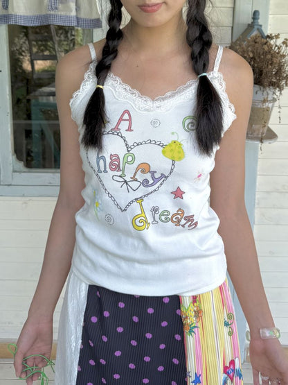 Colorful printed lace trim tank top【s0000012772】