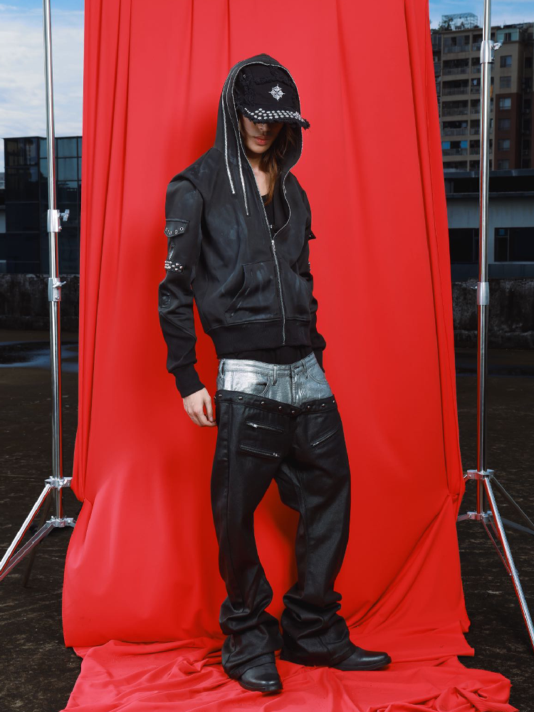 Washed Damaged Leather Zip Hoodie【s0000019112】