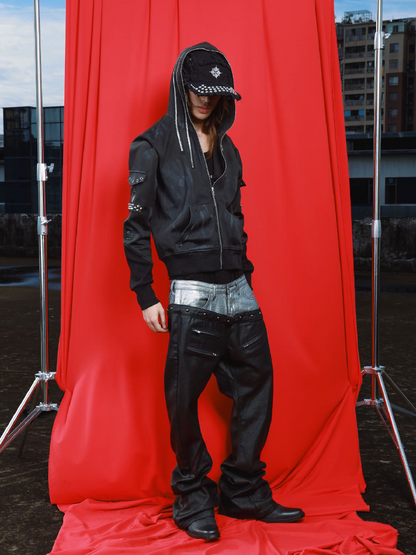 Washed Damaged Leather Zip Hoodie【s0000019112】