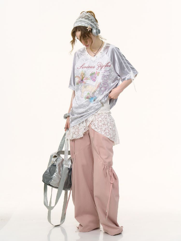 Lace Bow Gray Short Sleeve T-Shirt【s0000012245】