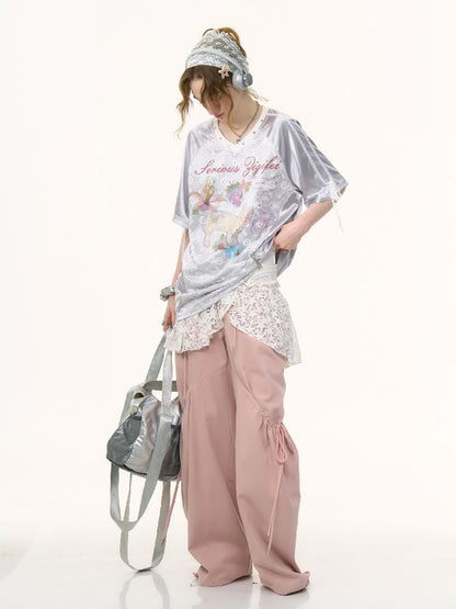 Lace Bow Gray Short Sleeve T-Shirt【s0000012245】