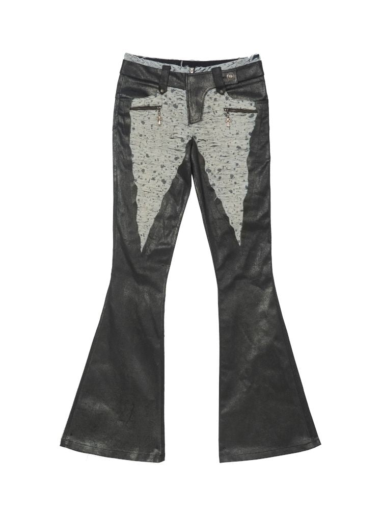 Patchwork Flared Denim Leather Pants【s0000013896】