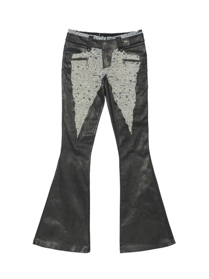 Patchwork Flared Denim Leather Pants【s0000013896】