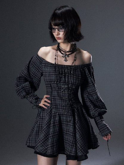 Vintage Plaid Off-Shoulder Dress【s0000018002】