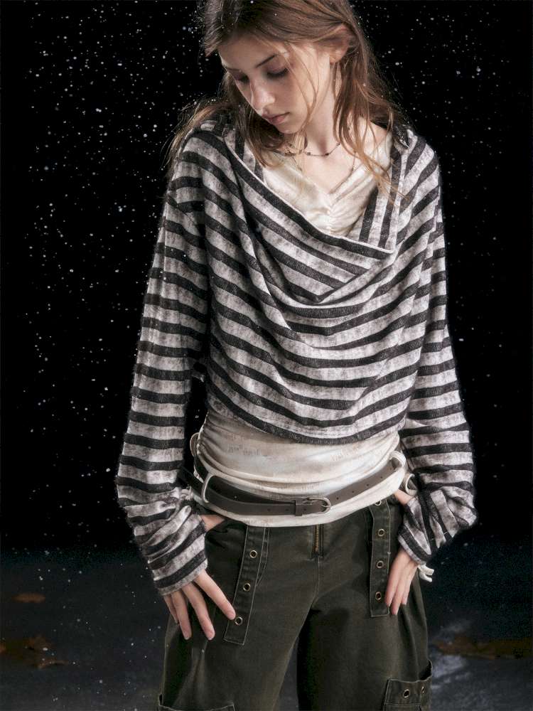 Striped Distressed Hooded Top【s0000014674】