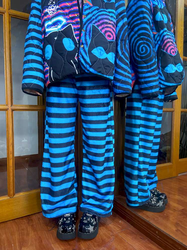 Blue Stripe Print Fleece Slacks【s0000015053】