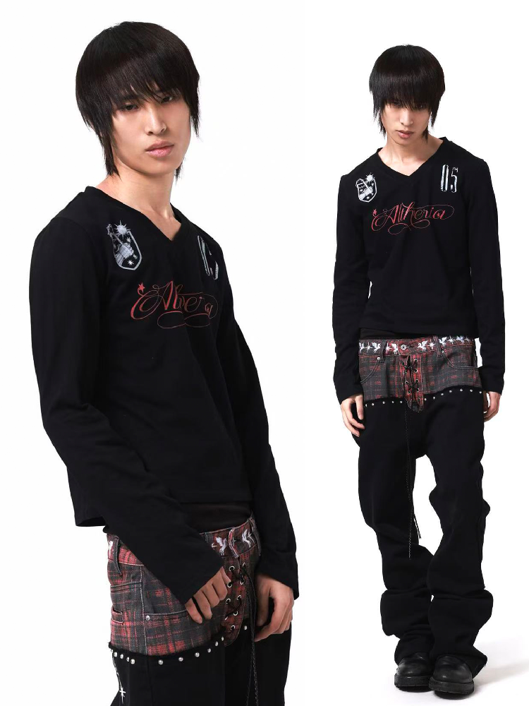 Dark V Neck Gauze Long Sleeve Shirt【s0000018197】