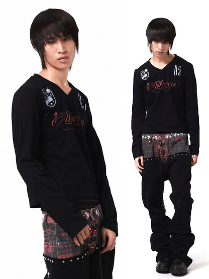 Dark V Neck Gauze Long Sleeve Shirt【s0000018197】