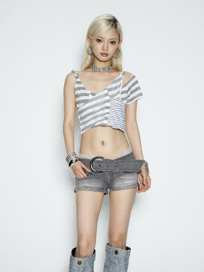 Lace Cotton Paneled Denim Shorts【s0000016680】
